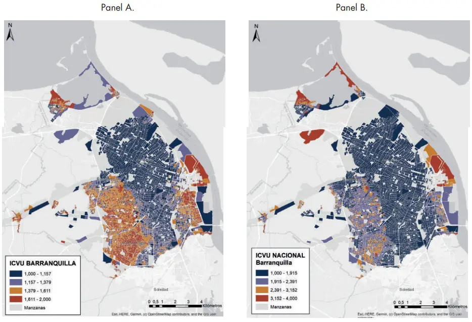 Mapa 4. Comparación de resultados ICVU municipal vs ICVU nacional para Barranquilla