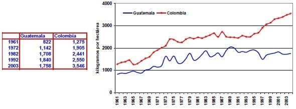 Rendimientos en cereales Guatemala Colombia