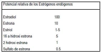 Potencial relativa de los Estrógenos endógenos