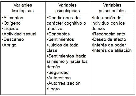 Categorias de las variables internas