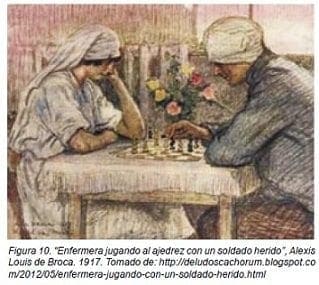 Enfermera jugando ajedrez con soldado herido 1917