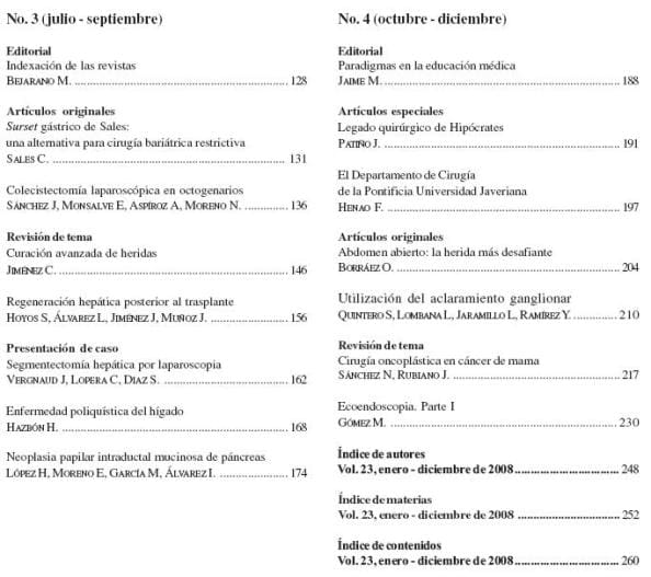 Revista de Cirugía: Índice de Contenidos 2,Volumen 23 No. 4