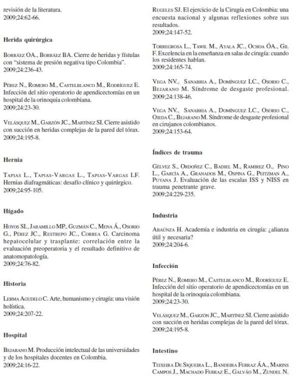 Revista de Cirugía: Índice de Materia 4, Volumen 24 No. 4