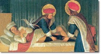 Justiniano, Los Santos habían amputado la pierna Gangrenada