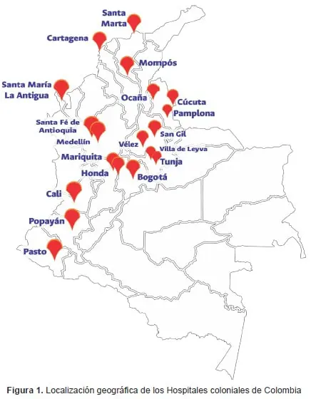 Localización geográfica de los Hospitales coloniales de Colombia