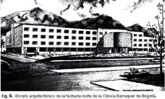 Boceto arquitectónico de la fachada norte de la Clínica Barraquer de Bogotá