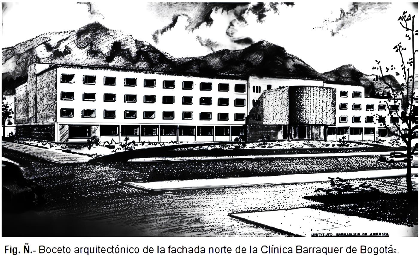 Boceto arquitectónico de la fachada norte de la Clínica Barraquer de Bogotá