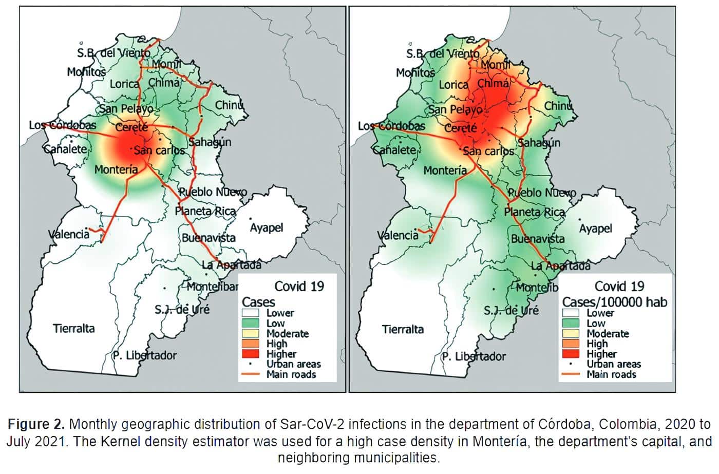 Monthly geographic distribution of Sar-CoV-2 infections in the department of Córdoba