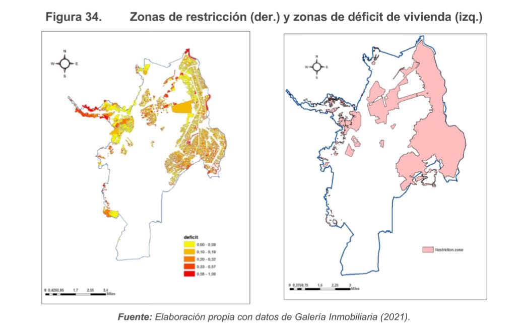 Figura 34. Zonas de restricción (der.) y zonas de déficit de vivienda (izq.)