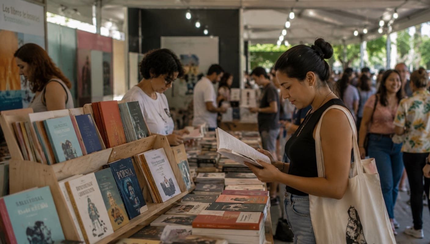 Mujer lee un libro durante una feria